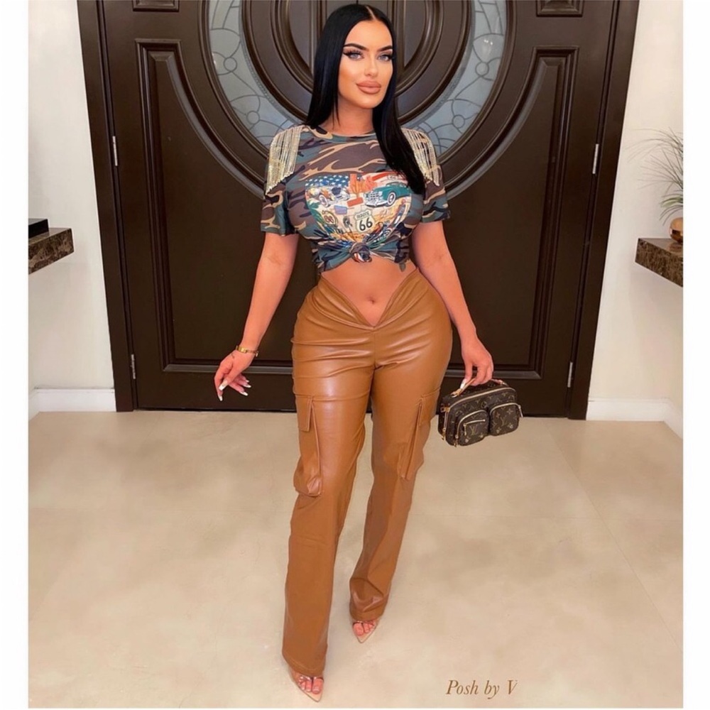 PoshByV Honey Leather Pants V Shape Cargo Pant Tan Camel Faux